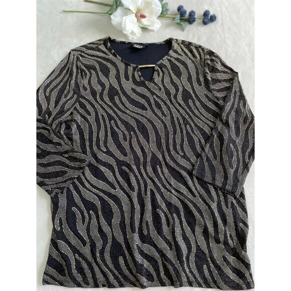 Simply Emma Metallic Zebra Print 1X Blouse Gold Accent Keyhole Neck Whimsigoth - Picture 2 of 8